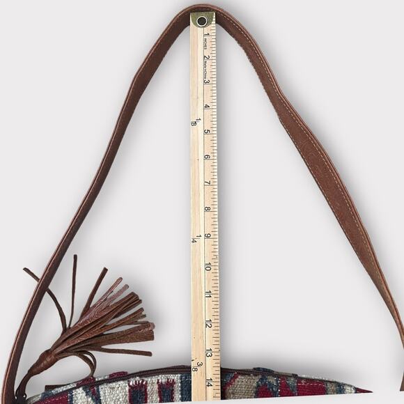 Southwestern Kelim Saddle Blanket Woven Tote Bag Purse Tooled Leather Trim - Picture 9 of 11